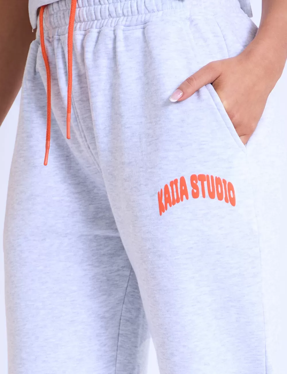 Discount Public Desire Kaiia Studio Bubble Logo Wide Leg Sweat Pants Light Grey Marl & Orange Light_grey_marl