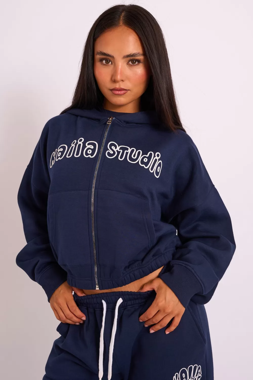 Sale Public Desire Kaiia Studio Bubble Logo Zip Through Hoodie Navy Navy_white