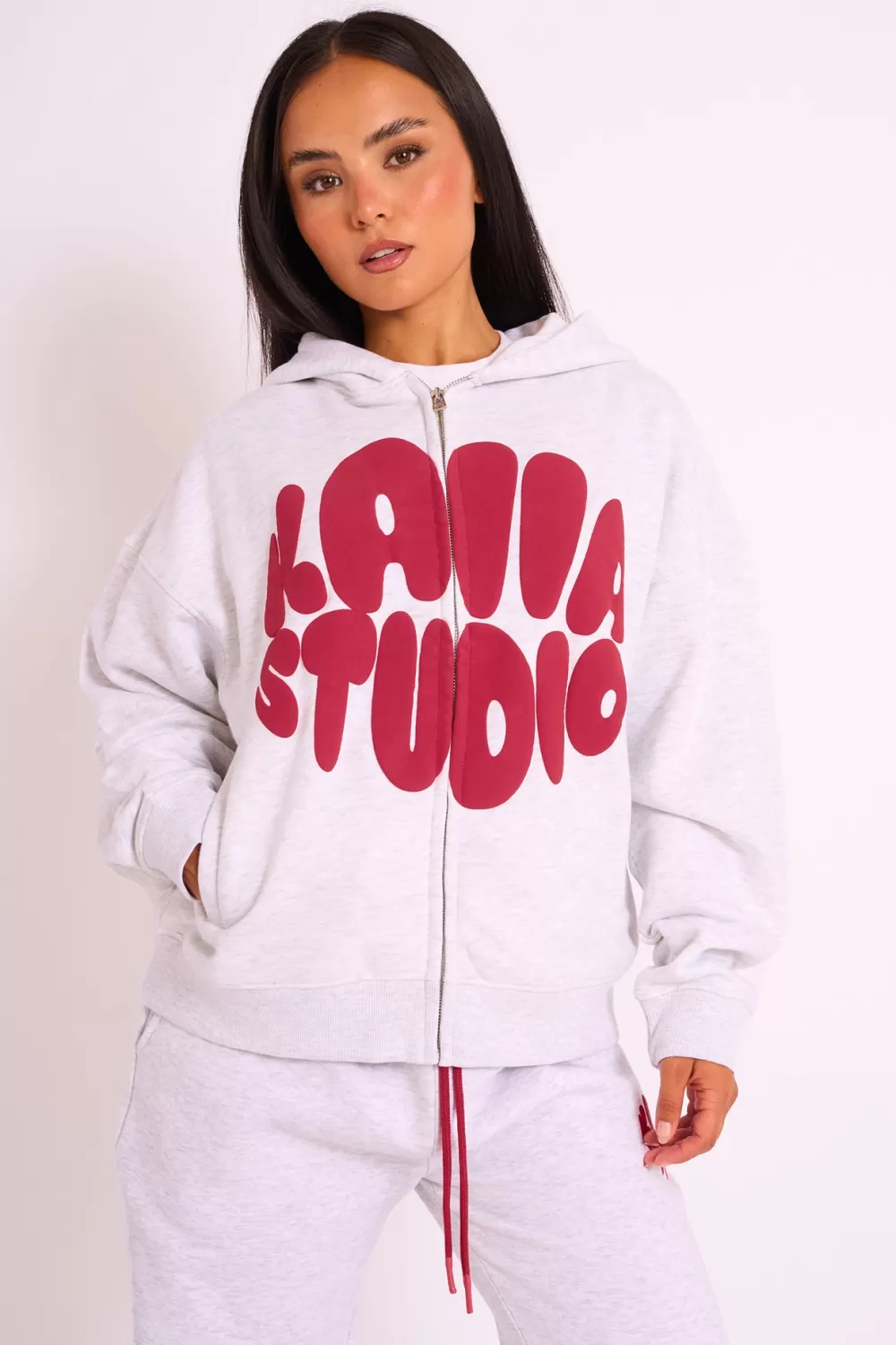 Hot Public Desire Kaiia Studio Bubble Logo Zip Up Hoodie Grey Marl & Red Grey_marl_red