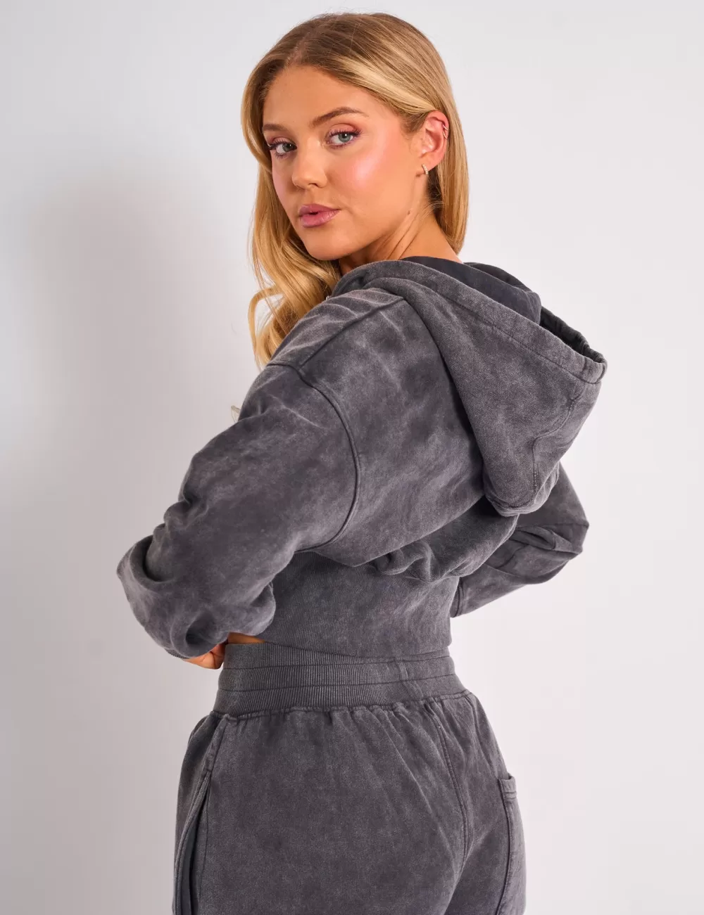 Fashion Public Desire Kaiia Studio Cropped Zip Up Hoodie Dark Grey Wash & Pink Dark_grey_wash_pink
