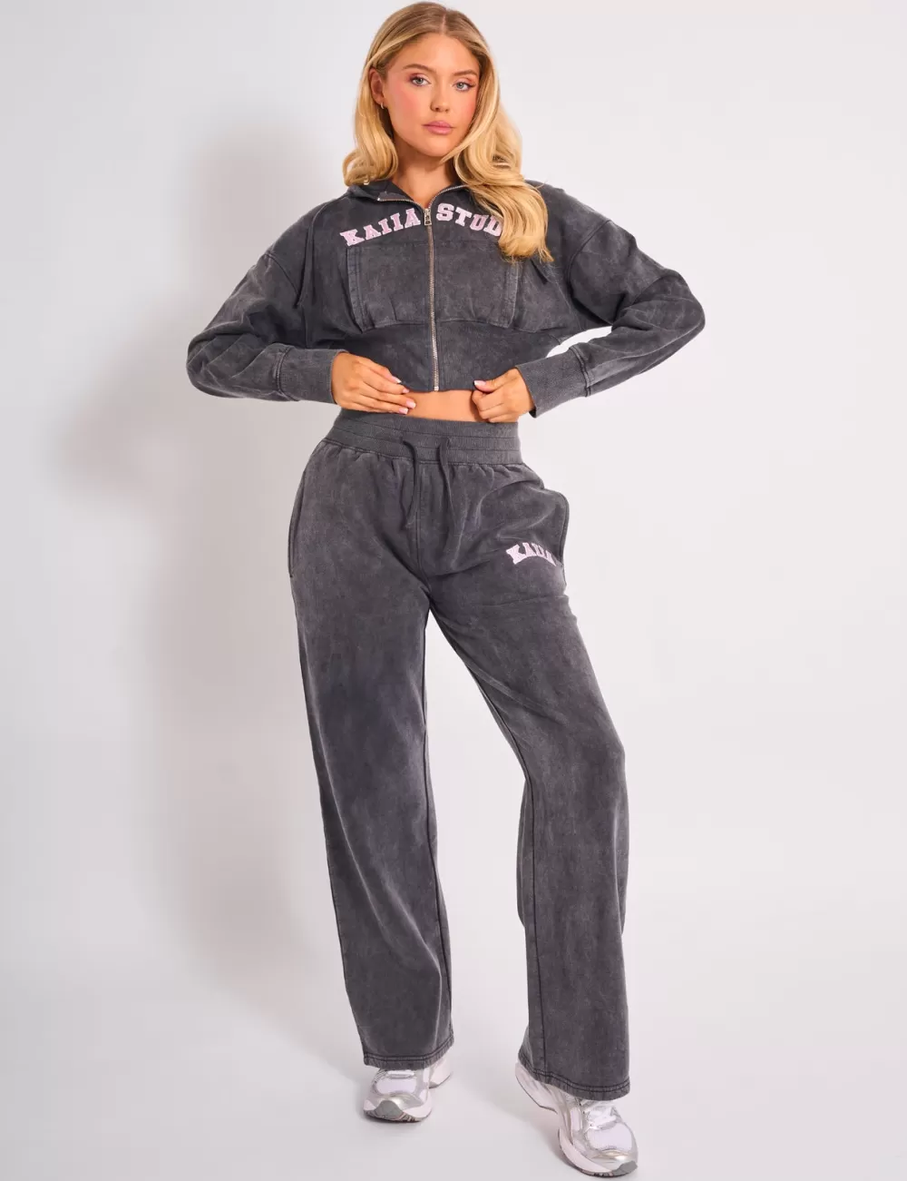 Fashion Public Desire Kaiia Studio Cropped Zip Up Hoodie Dark Grey Wash & Pink Dark_grey_wash_pink