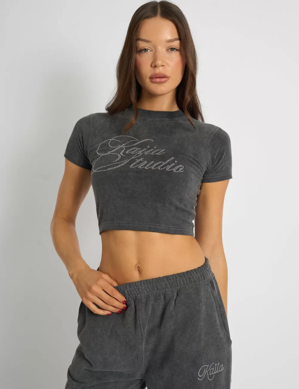 Store Public Desire Kaiia Studio Diamante Acid Wash Baby Tee Dark Grey Dark_grey