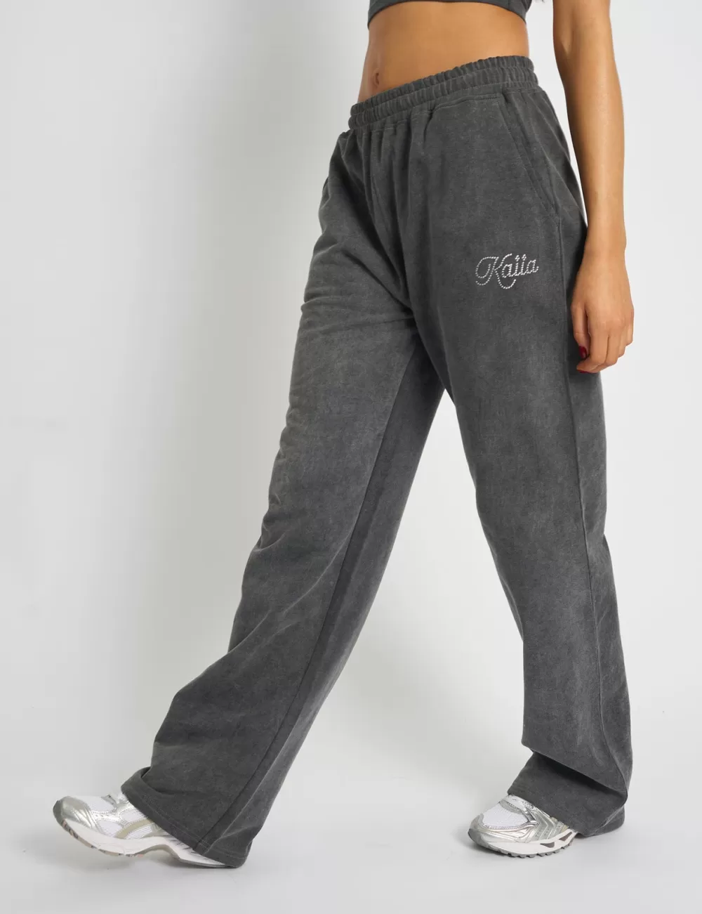 Outlet Public Desire Kaiia Studio Diamante Acid Wash Wide Leg Joggers Dark Grey Dark_grey