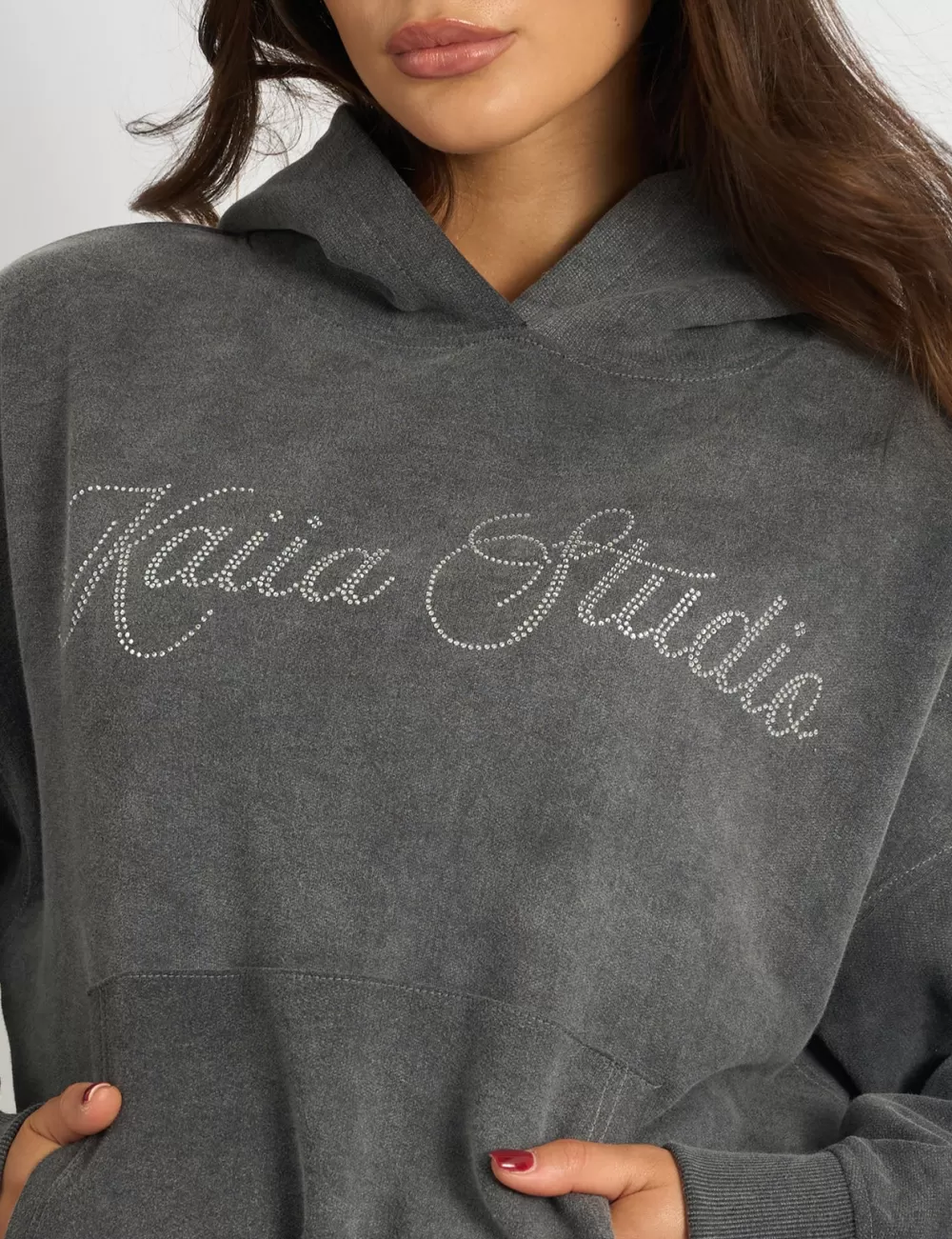 Hot Public Desire Kaiia Studio Diamante Embellished Acid Wash Oversized Hoodie Dark Grey Dark_grey