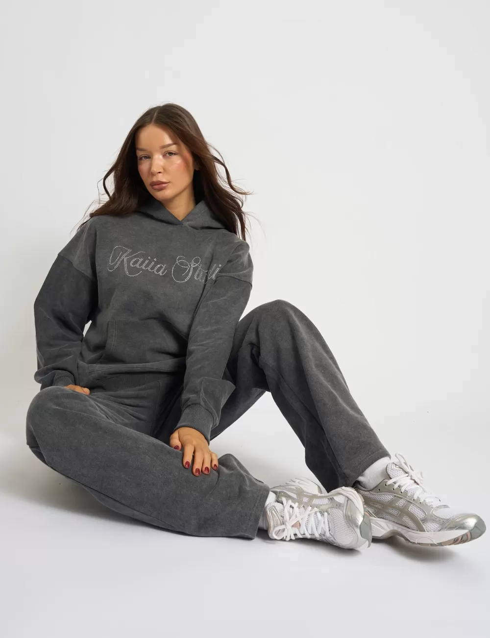 Hot Public Desire Kaiia Studio Diamante Embellished Acid Wash Oversized Hoodie Dark Grey Dark_grey