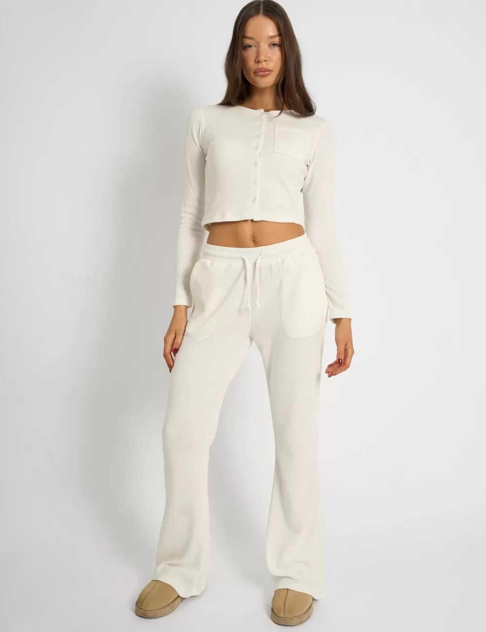 Cheap Public Desire Kaiia Waffle Wide Leg Joggers Cream