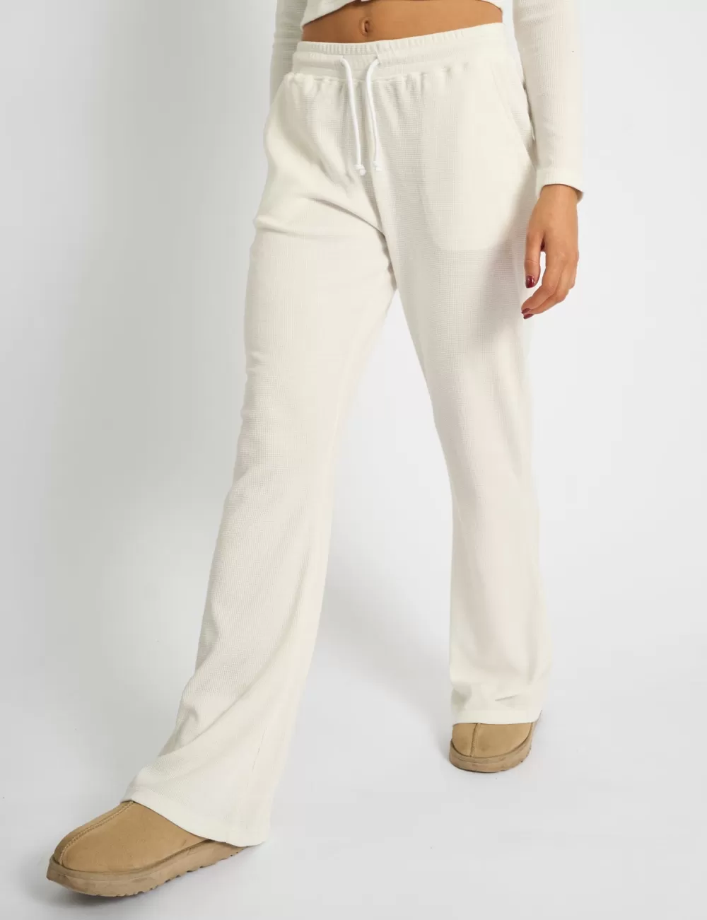 Cheap Public Desire Kaiia Waffle Wide Leg Joggers Cream