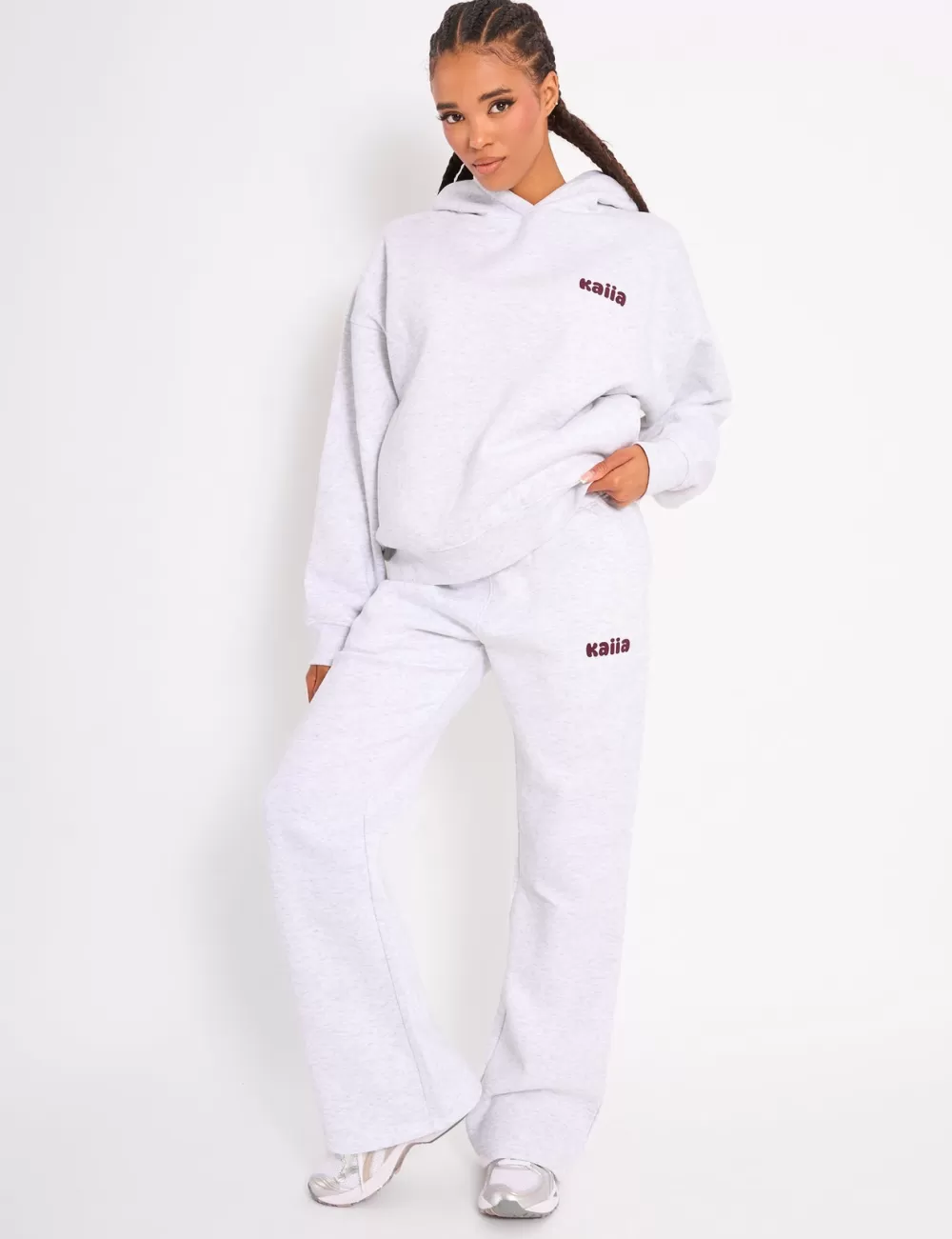 Sale Public Desire Kaiia Wide Leg Joggers Light Grey Marl & Plum Light_grey_marl_u0026_plum