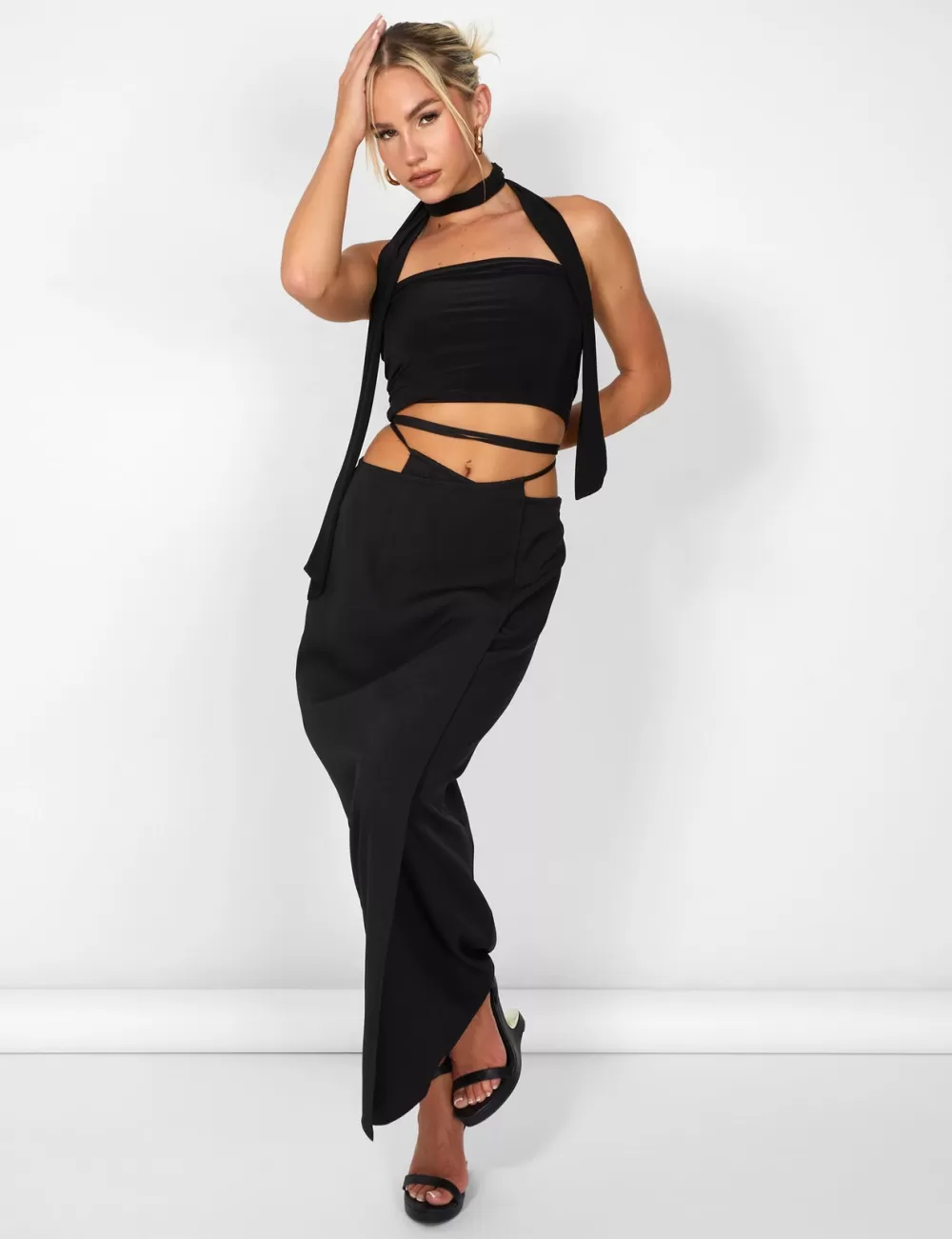 Store Public Desire Kaiia Wrap Tie Side Maxi Skirt in Black