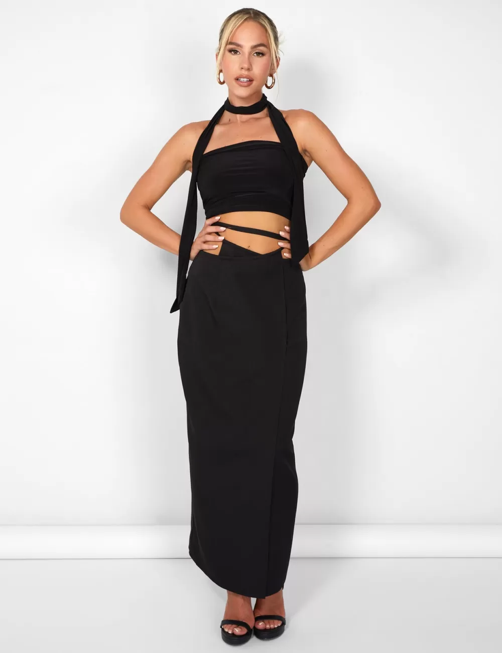 Store Public Desire Kaiia Wrap Tie Side Maxi Skirt in Black