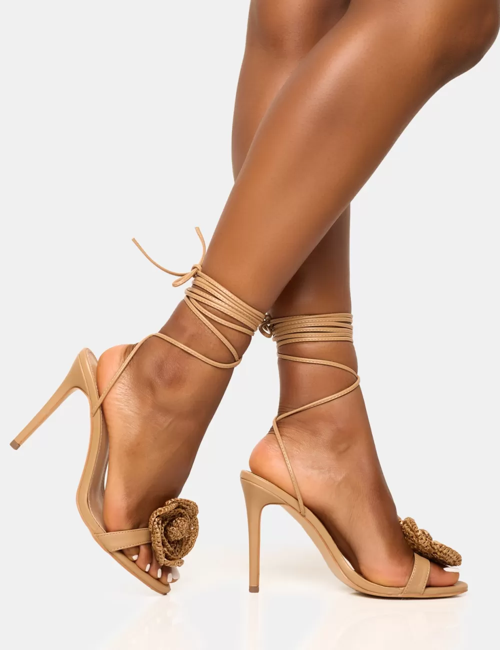 Best Sale Public Desire Karla Natural Raffia Flower Barely There Lace Up Stiletto Heel Neutral