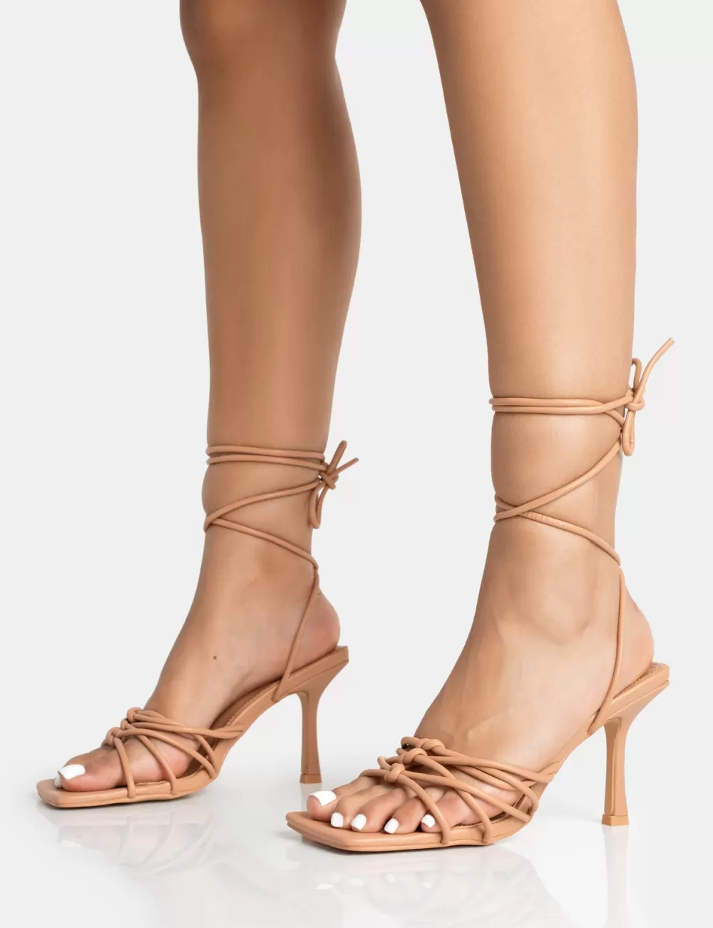 New Public Desire Keri Wide Fit Nude Pu Strappy Lace Up Mid Heels Neutral