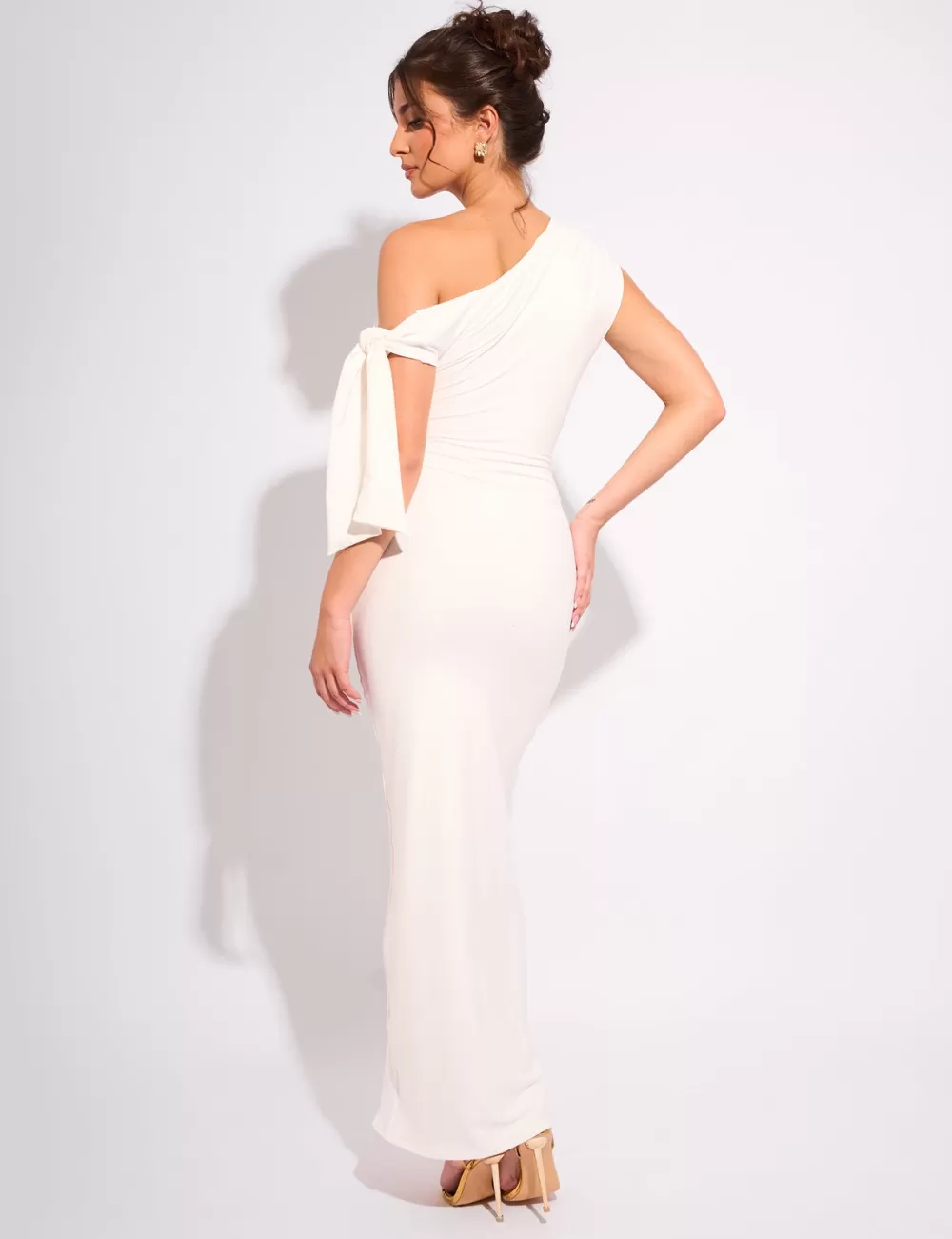 Cheap Public Desire Knot Detail Asymmetric One Shoulder Luxe Slinky Maxi Dress White