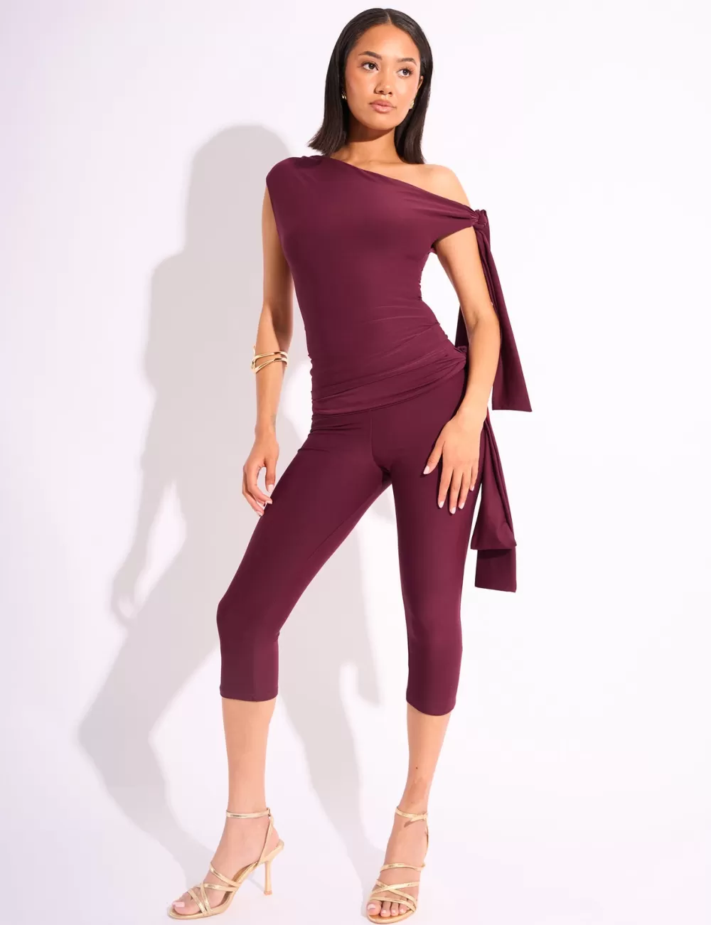 Cheap Public Desire Knot Detail Tie Side Luxe Slinky Capri Pants Burgundy