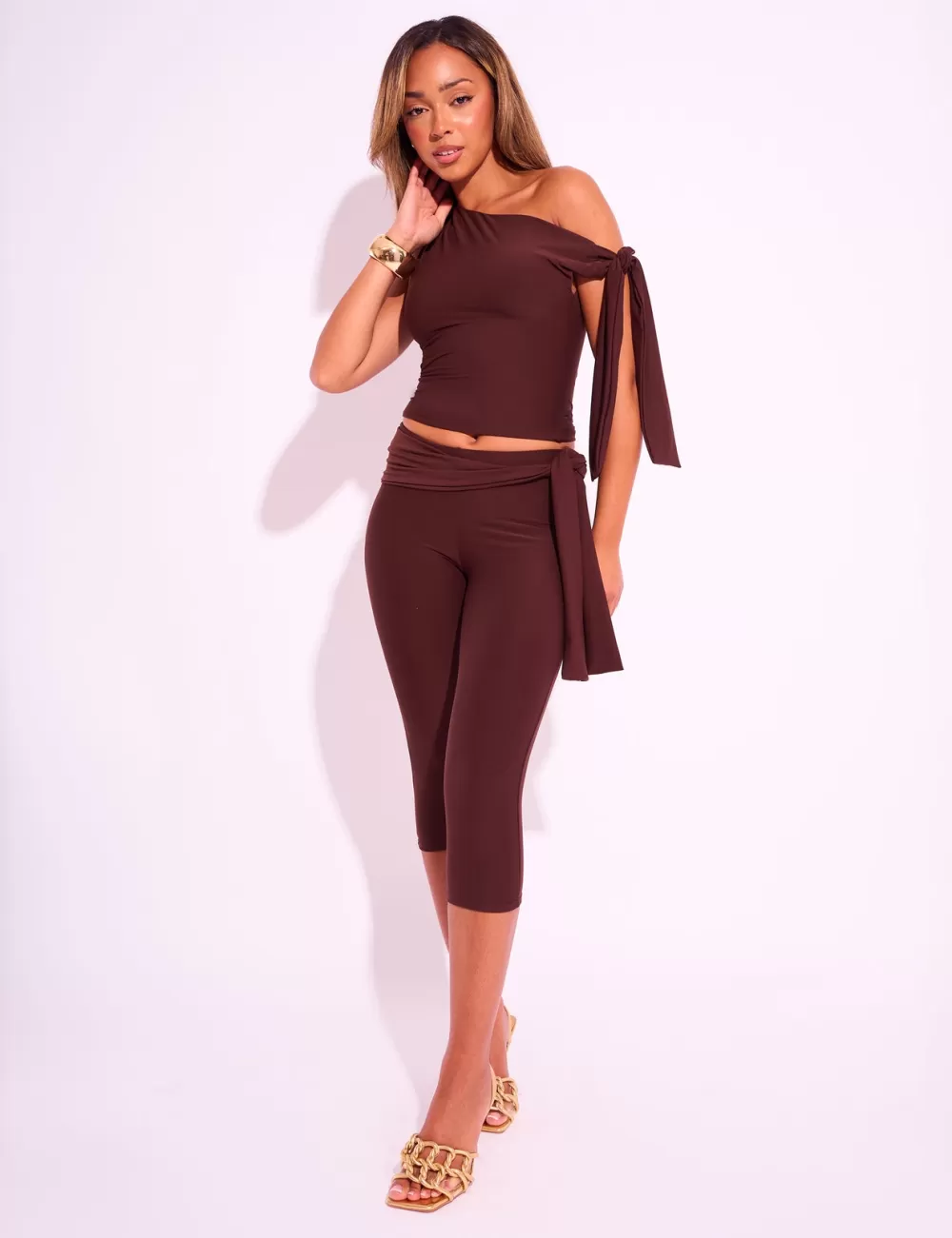 Sale Public Desire Knot Detail Tie Side Luxe Slinky Capri Pants Chocolate