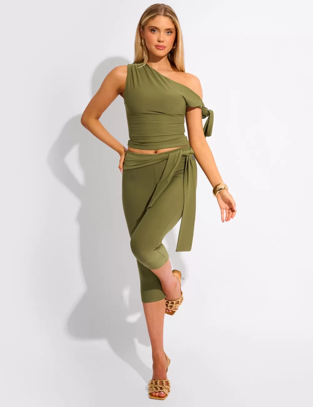 Cheap Public Desire Knot Detail Tie Side Luxe Slinky Capri Pants Khaki