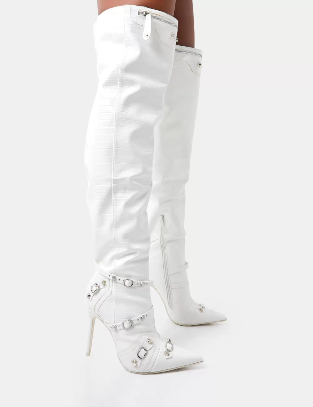 Flash Sale Public Desire Kodak Croc Pointed Toe Zip Detail Over The Knee Boots White