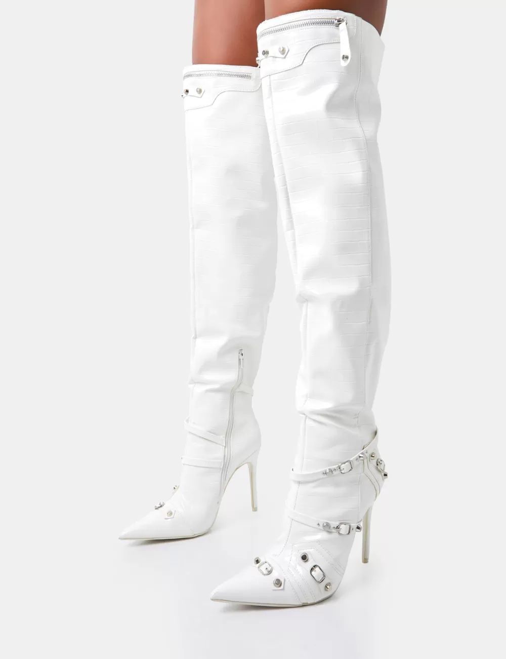Flash Sale Public Desire Kodak Croc Pointed Toe Zip Detail Over The Knee Boots White