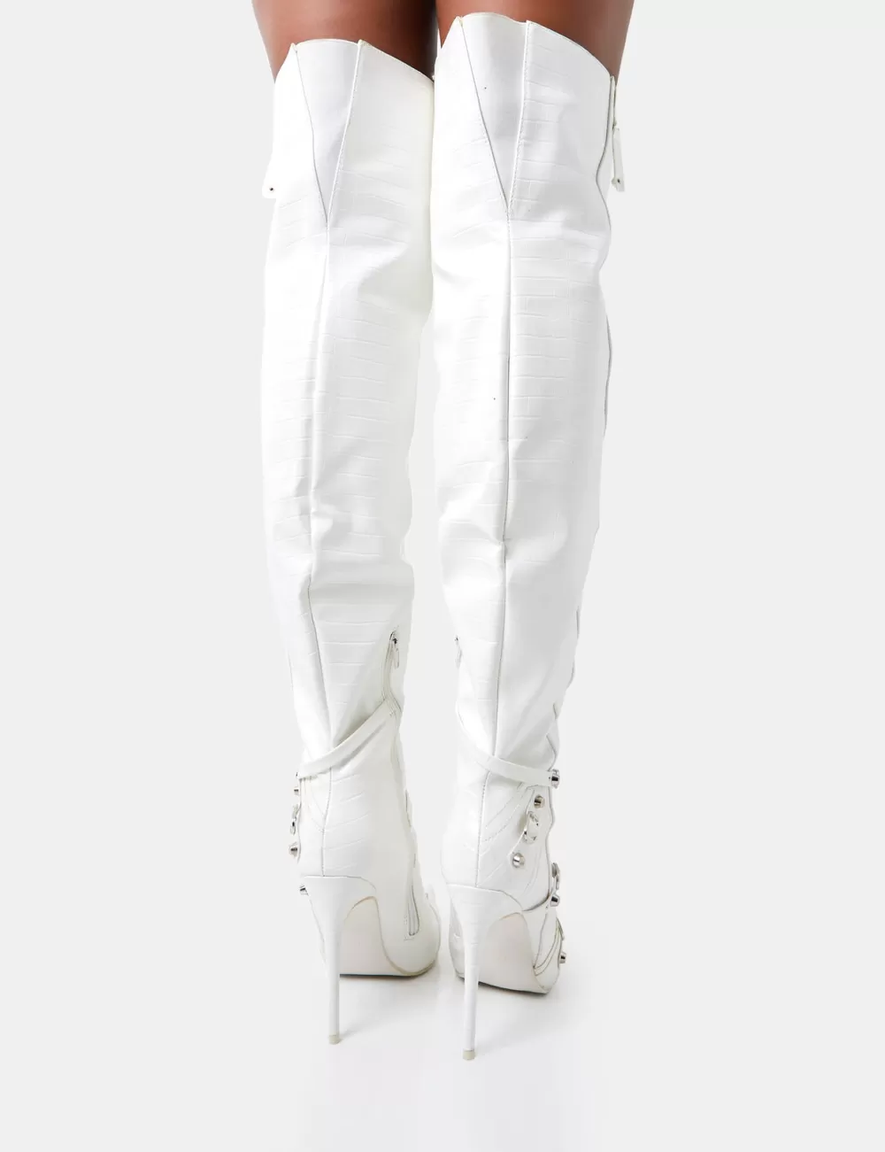 Flash Sale Public Desire Kodak Croc Pointed Toe Zip Detail Over The Knee Boots White