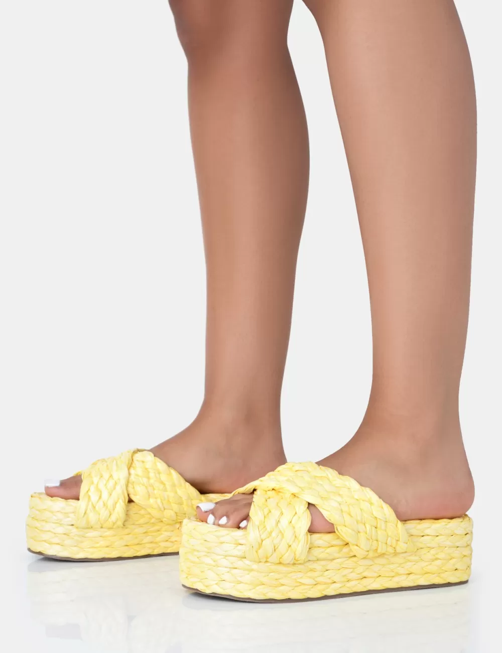 Best Sale Public Desire Kos Raffia Cross Over Strap Slip On Flatform Sandals Yellow