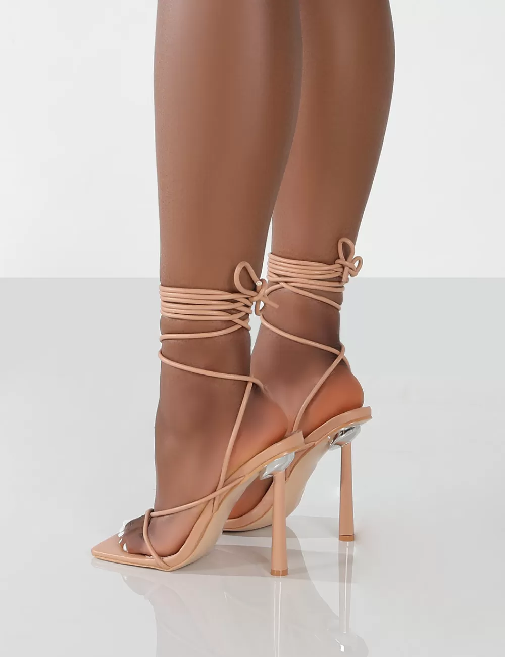 New Public Desire Lacey Wide Fit Nude PU Square Toe Strappy Lace Up Stiletto Heels Neutral