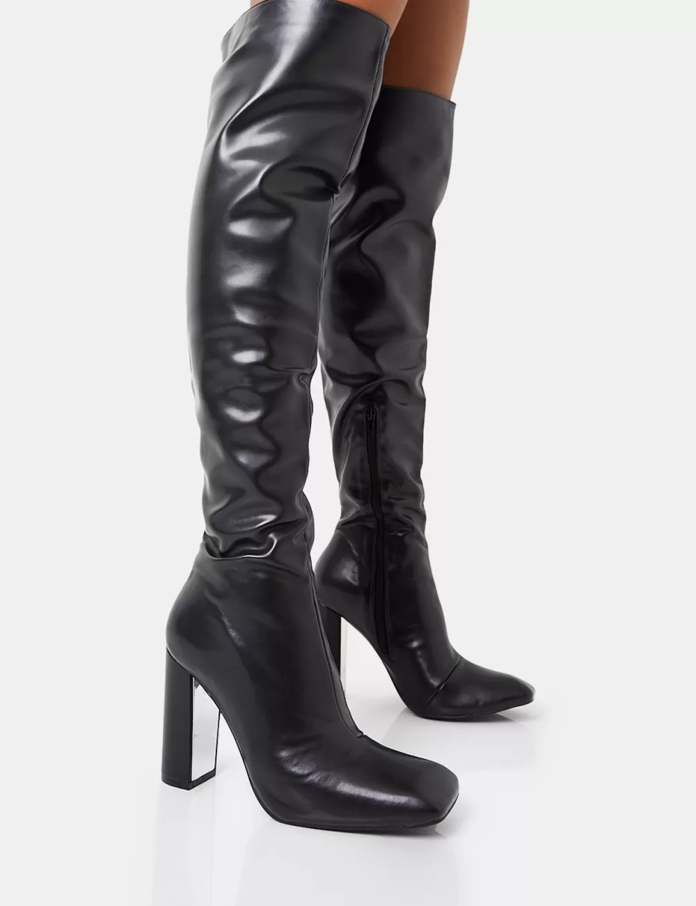 Shop Public Desire Lasta Pu Rounded Square Toe Block Heeled Over The Knee Boots Black