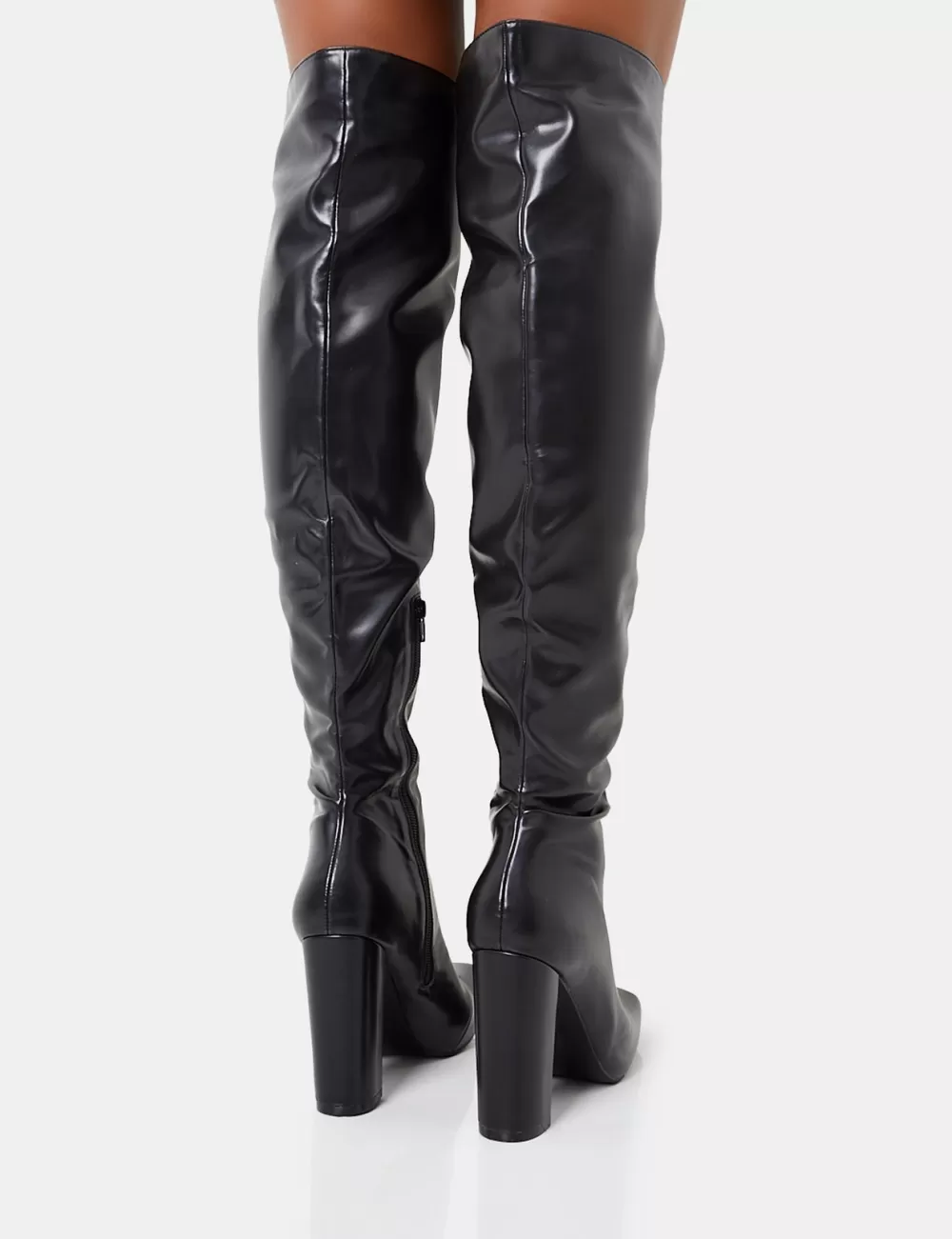 Shop Public Desire Lasta Pu Rounded Square Toe Block Heeled Over The Knee Boots Black