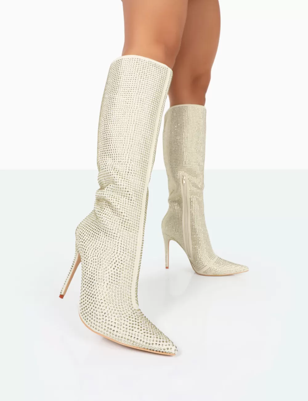 Fashion Public Desire Lexi Gold Diamante Stiletto Knee High Boots