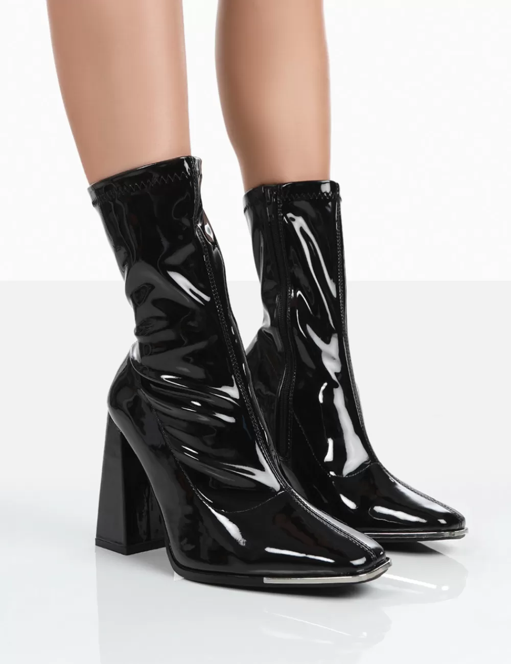 Cheap Public Desire Liberty Black Patent Sock Block Heeled Ankle Boots