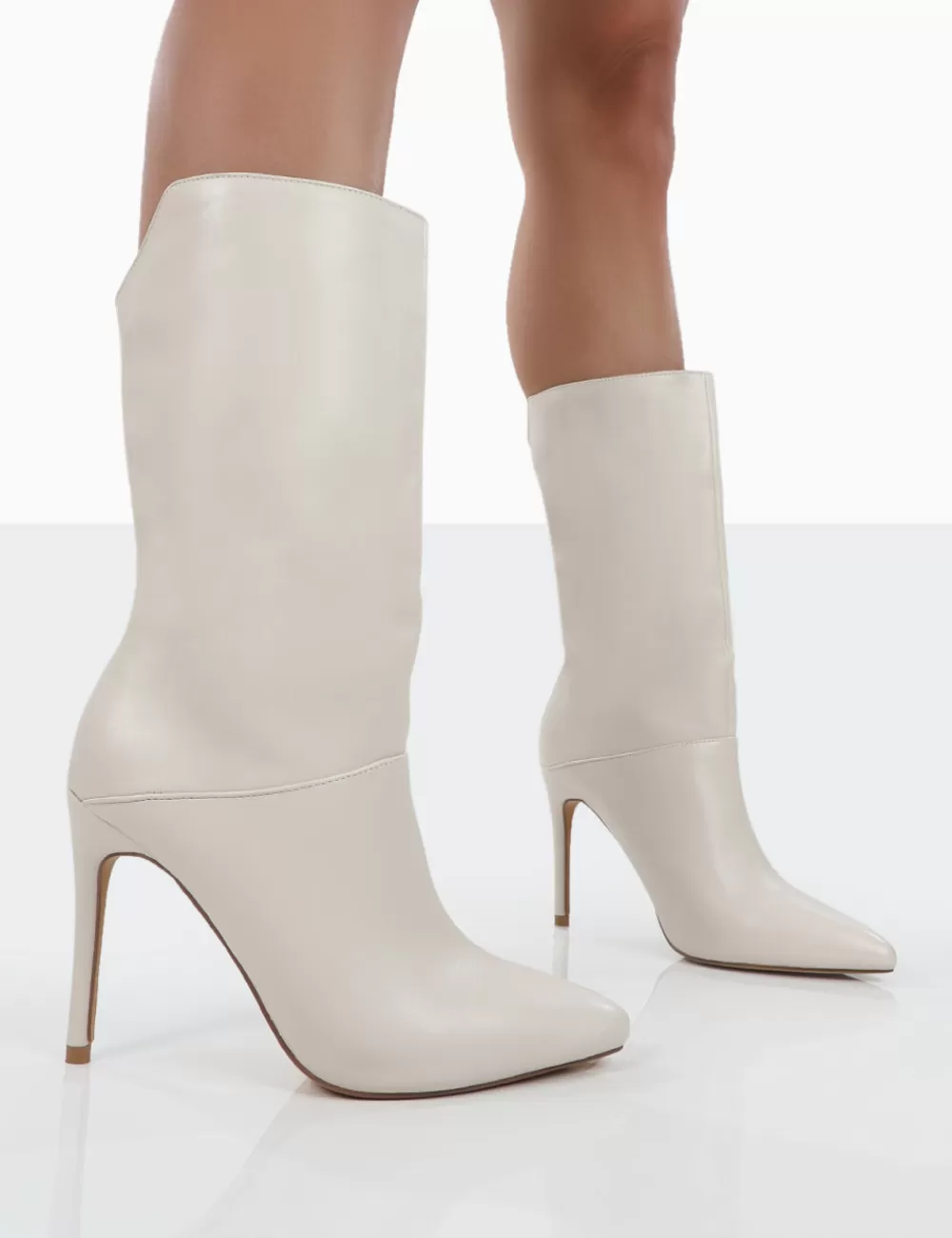 Shop Public Desire Lisel PU Pointed Toe Stiletto Heeled Ankle Boots Ecru