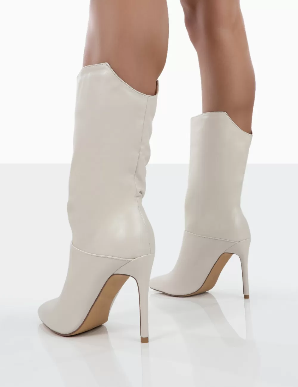 Shop Public Desire Lisel PU Pointed Toe Stiletto Heeled Ankle Boots Ecru