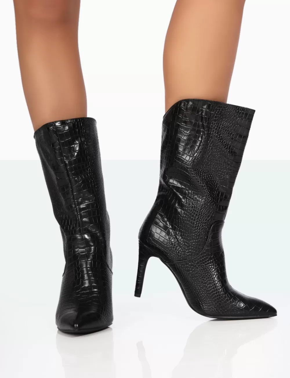 Cheap Public Desire Lisel Wide Fit Croc Pu Pointed Toe Stiletto Heeled Ankle Boots Black