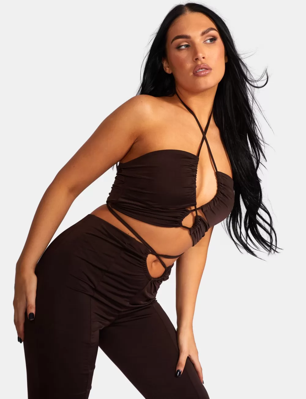 Fashion Public Desire Loop Ruched High Waist Split Trousers Chocolate Brown