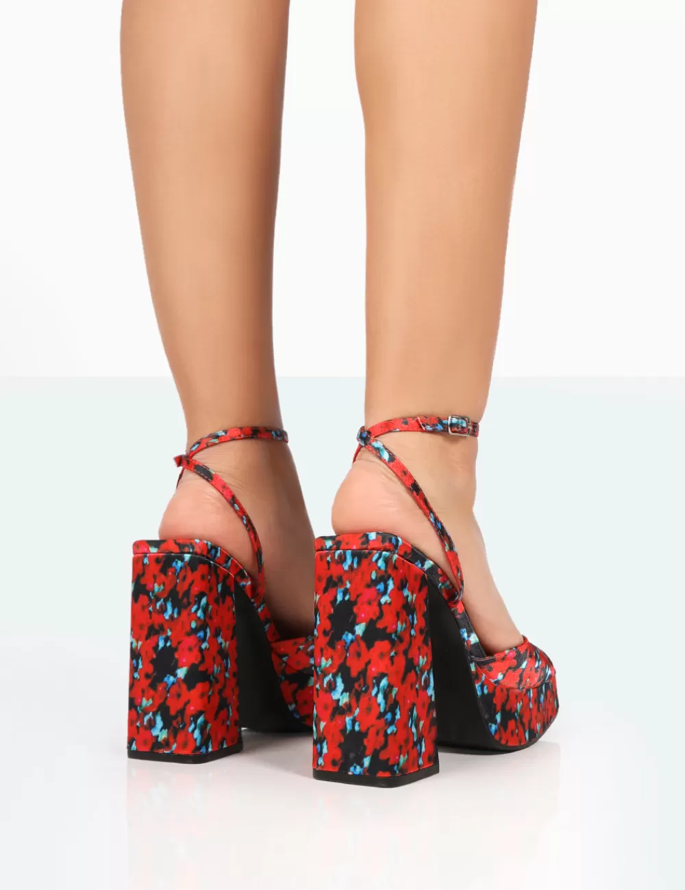 Online Public Desire Lyle Floral Satin Square Toe Block Platform High Heels Red