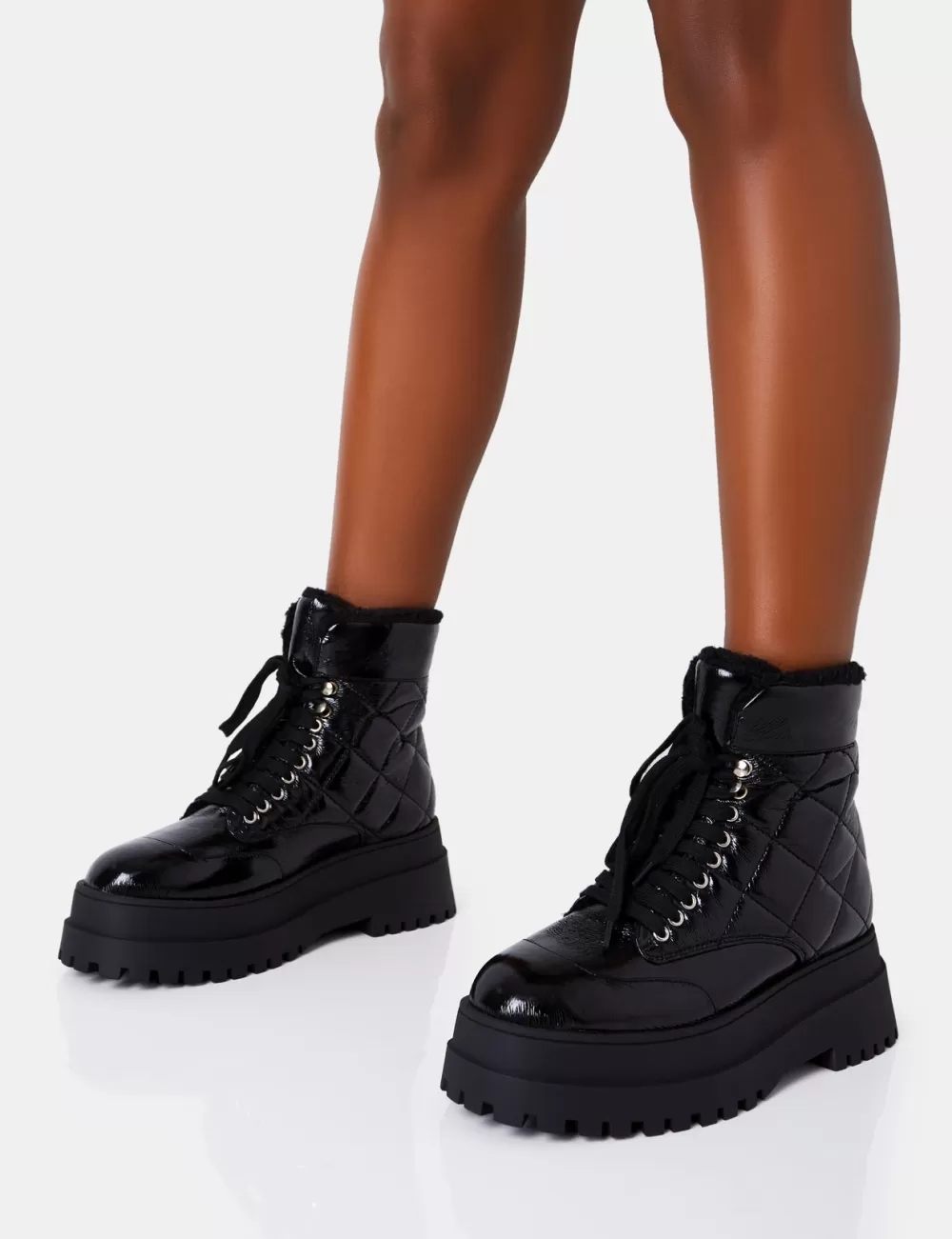 Online Public Desire Magda Black Patent Quilted Chunky Sole Rounded Toe Ankle Boots
