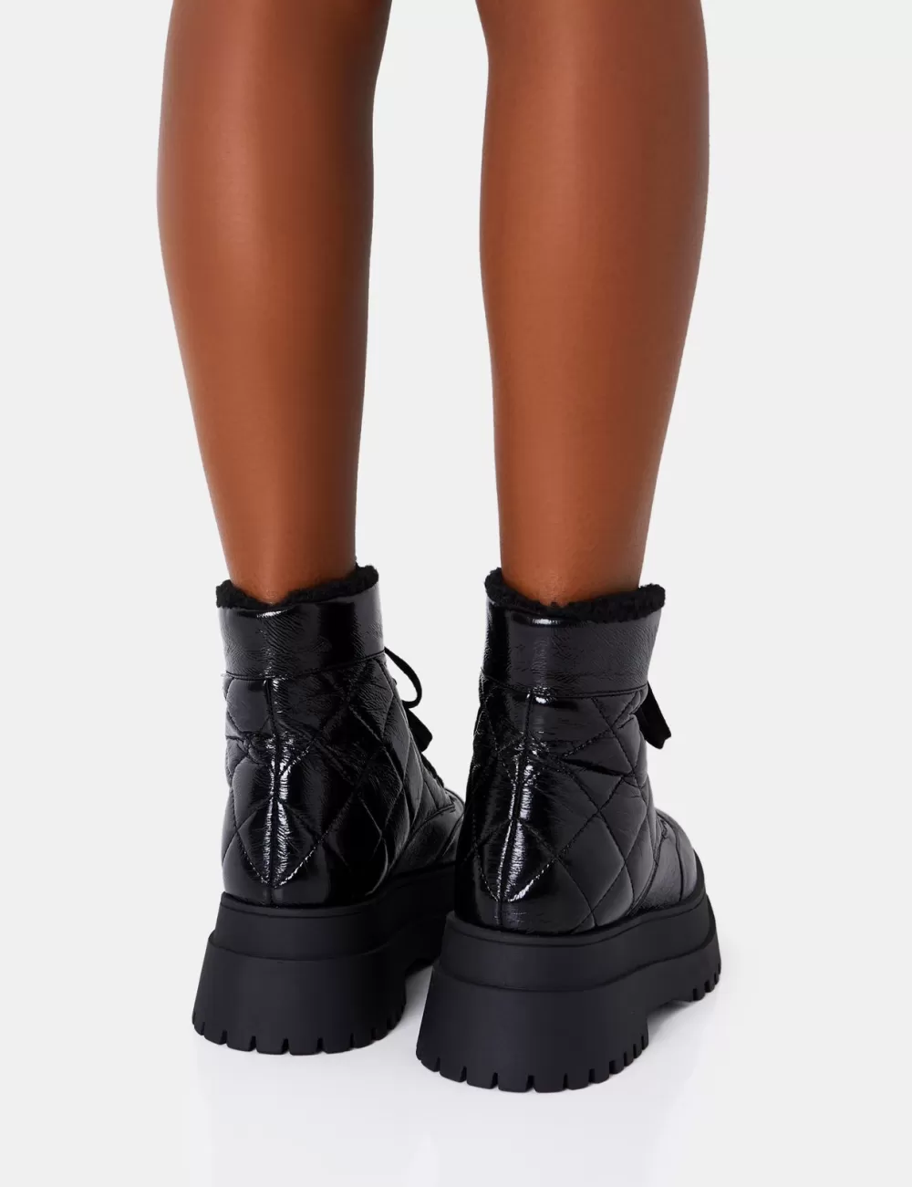 Online Public Desire Magda Black Patent Quilted Chunky Sole Rounded Toe Ankle Boots
