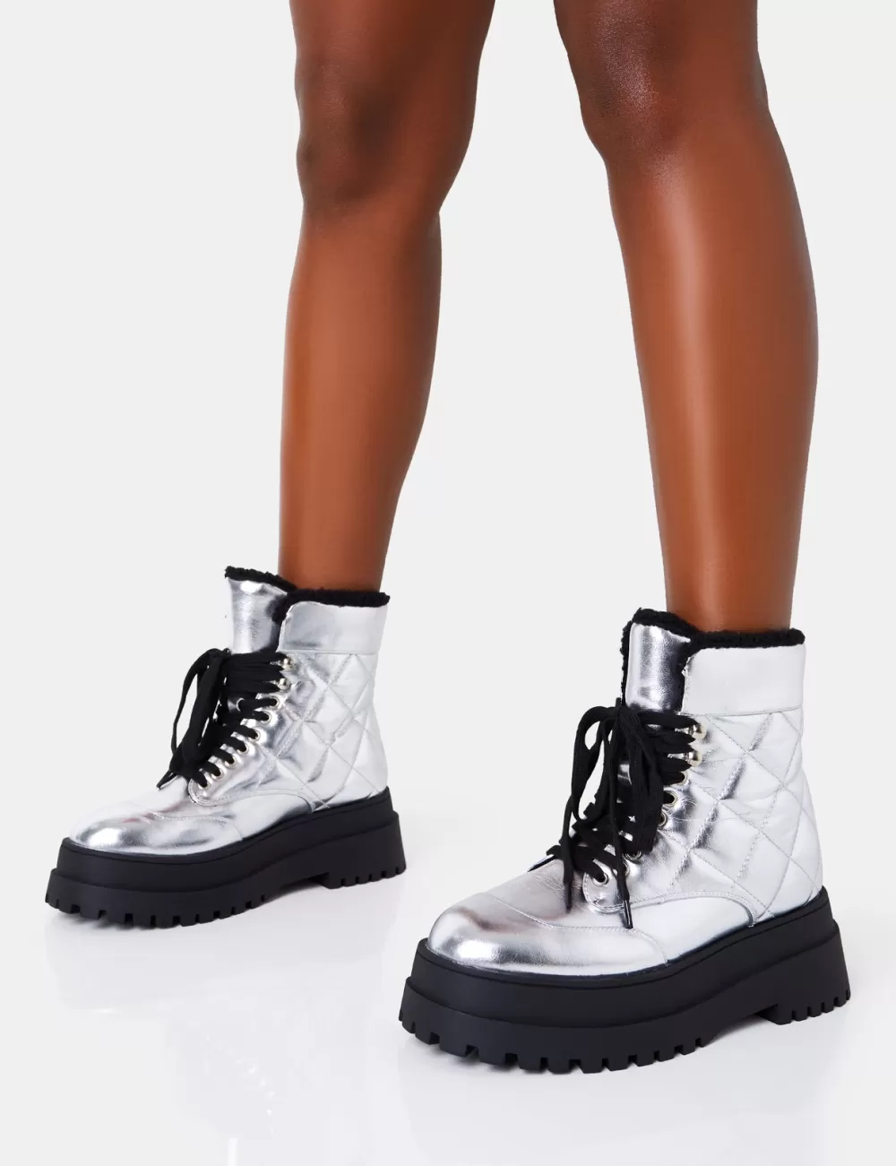 Outlet Public Desire Magda Patent Quilted Chunky Sole Rounded Toe Ankle Boots Silver