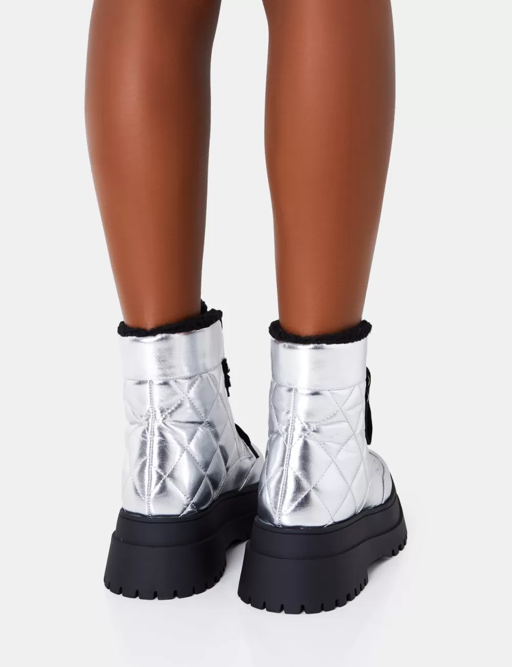 Outlet Public Desire Magda Patent Quilted Chunky Sole Rounded Toe Ankle Boots Silver