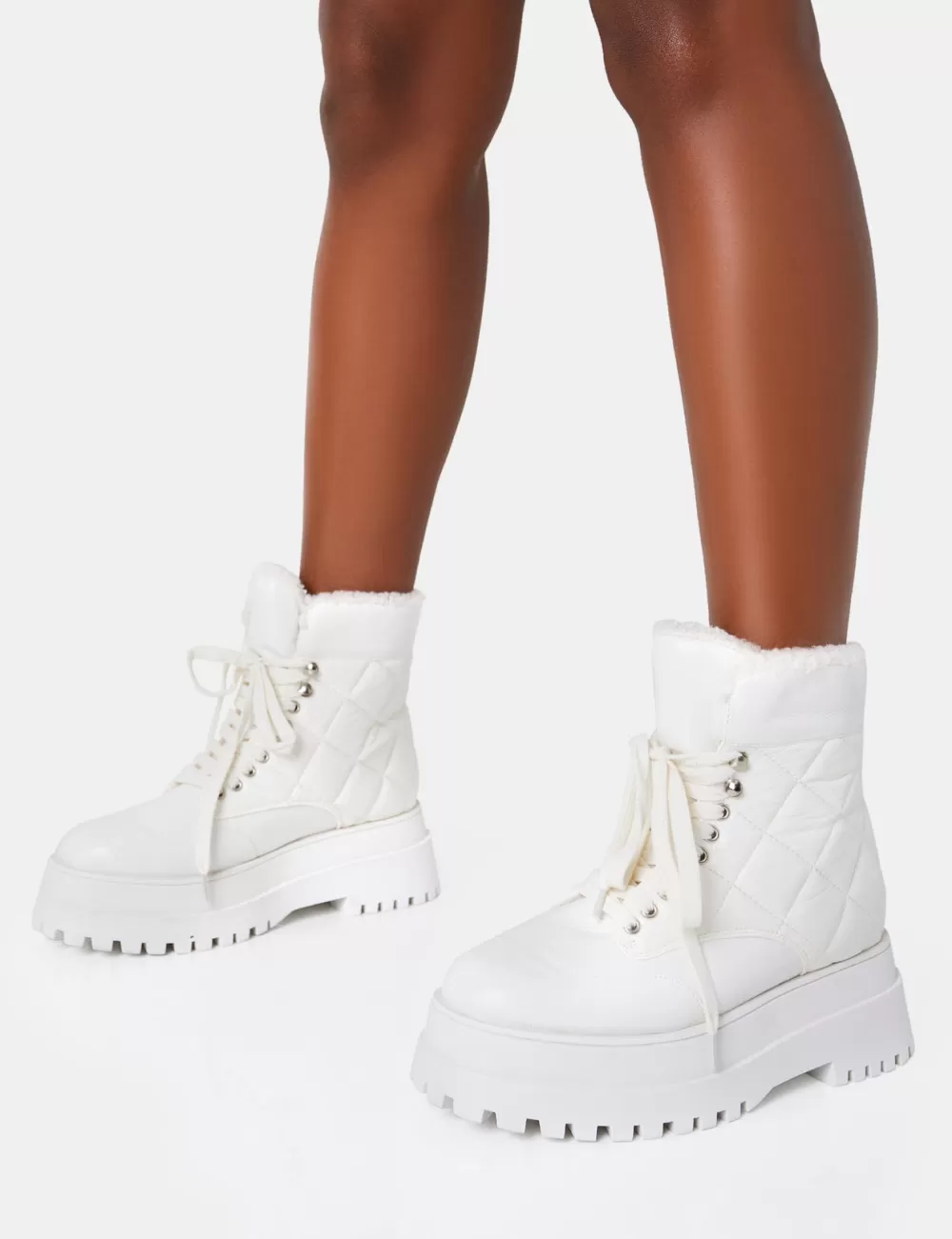 Best Public Desire Magda Patent Quilted Chunky Sole Rounded Toe Ankle Boots White
