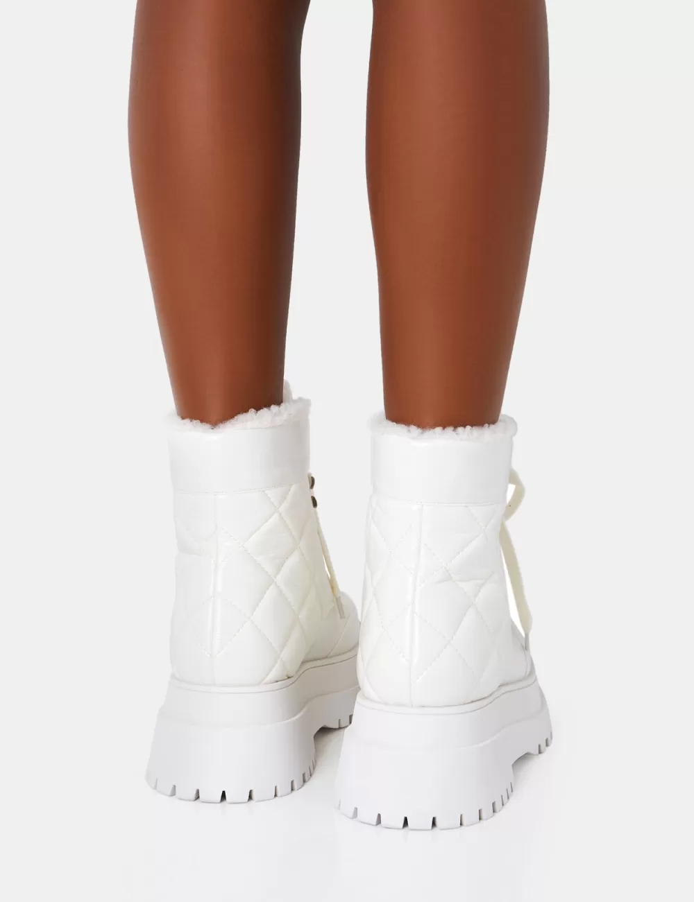 Best Public Desire Magda Patent Quilted Chunky Sole Rounded Toe Ankle Boots White
