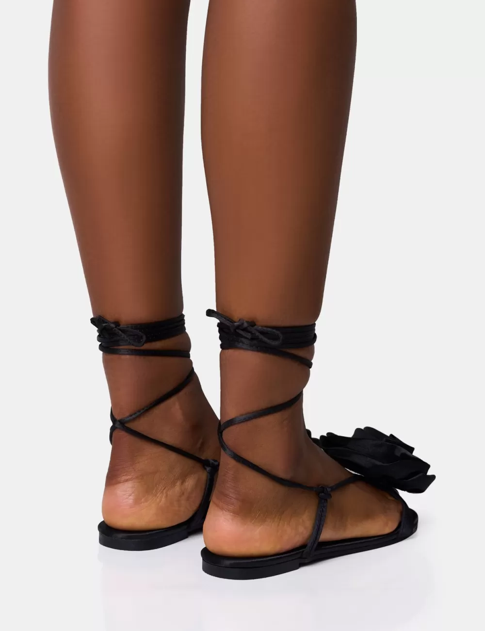 Fashion Public Desire Magnolia Flower Corsage Lace Up Flat Sandals Black
