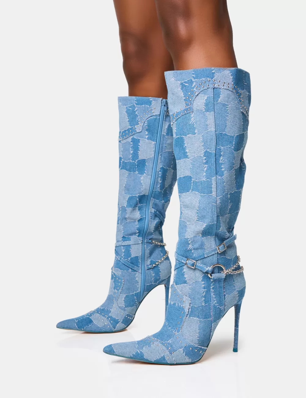 Hot Public Desire Main Character Embellished Denim Patchwork Pointed Toe Stiletto Boots Blue