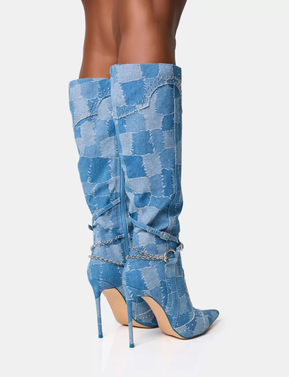 Hot Public Desire Main Character Embellished Denim Patchwork Pointed Toe Stiletto Boots Blue