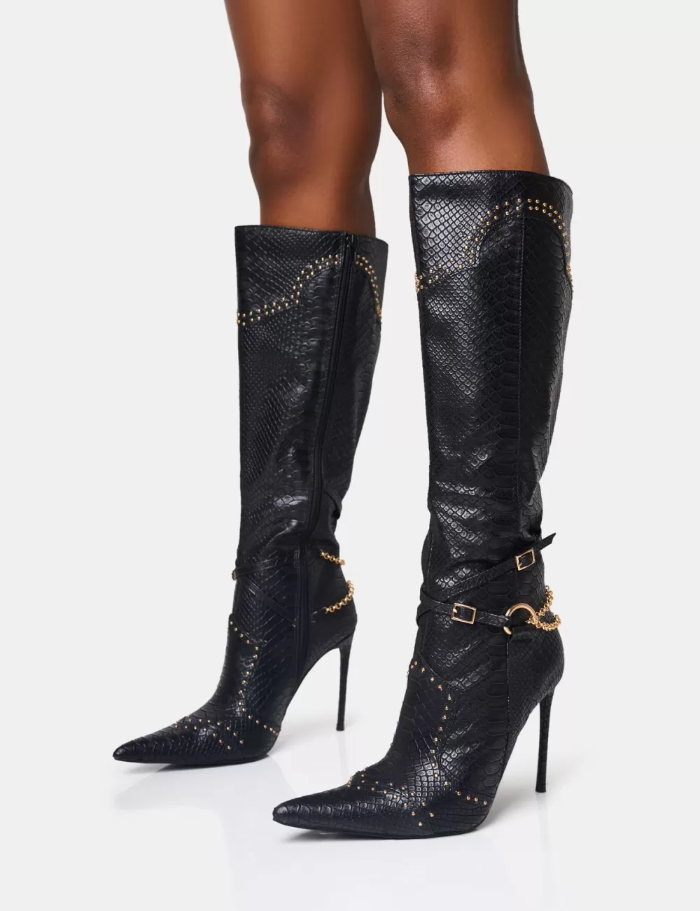 Discount Public Desire Main Character Embellished Vintage Pointed Toe Stiletto Boots Black