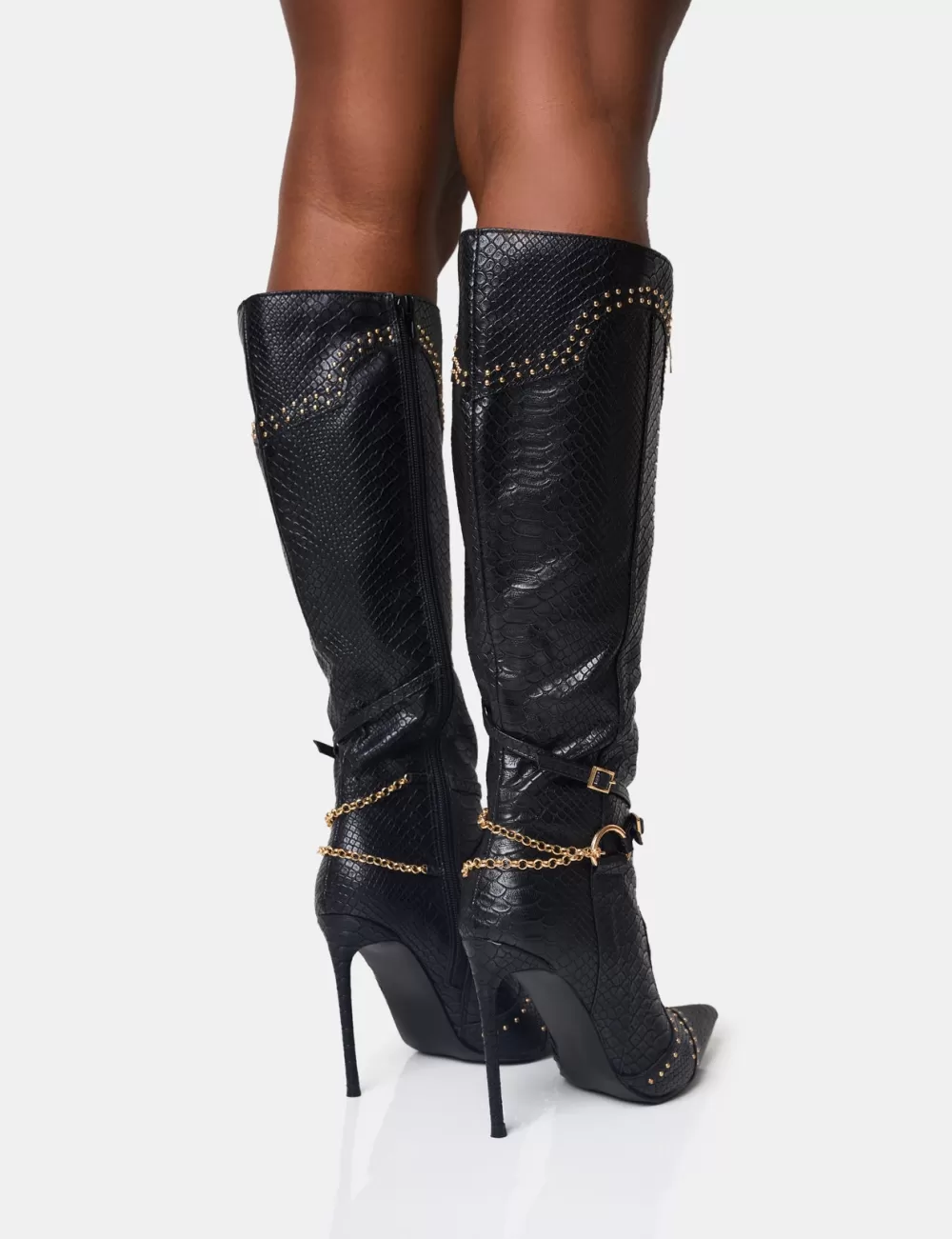 Discount Public Desire Main Character Embellished Vintage Pointed Toe Stiletto Boots Black