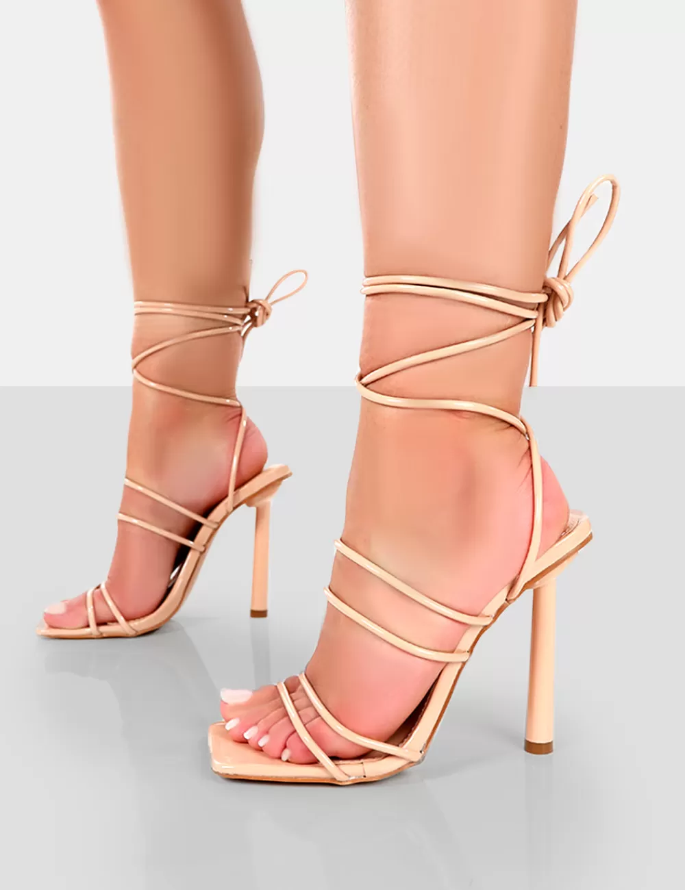 New Public Desire Make Way Patent Strappy Lace Up Square Toe Stilettos Nude