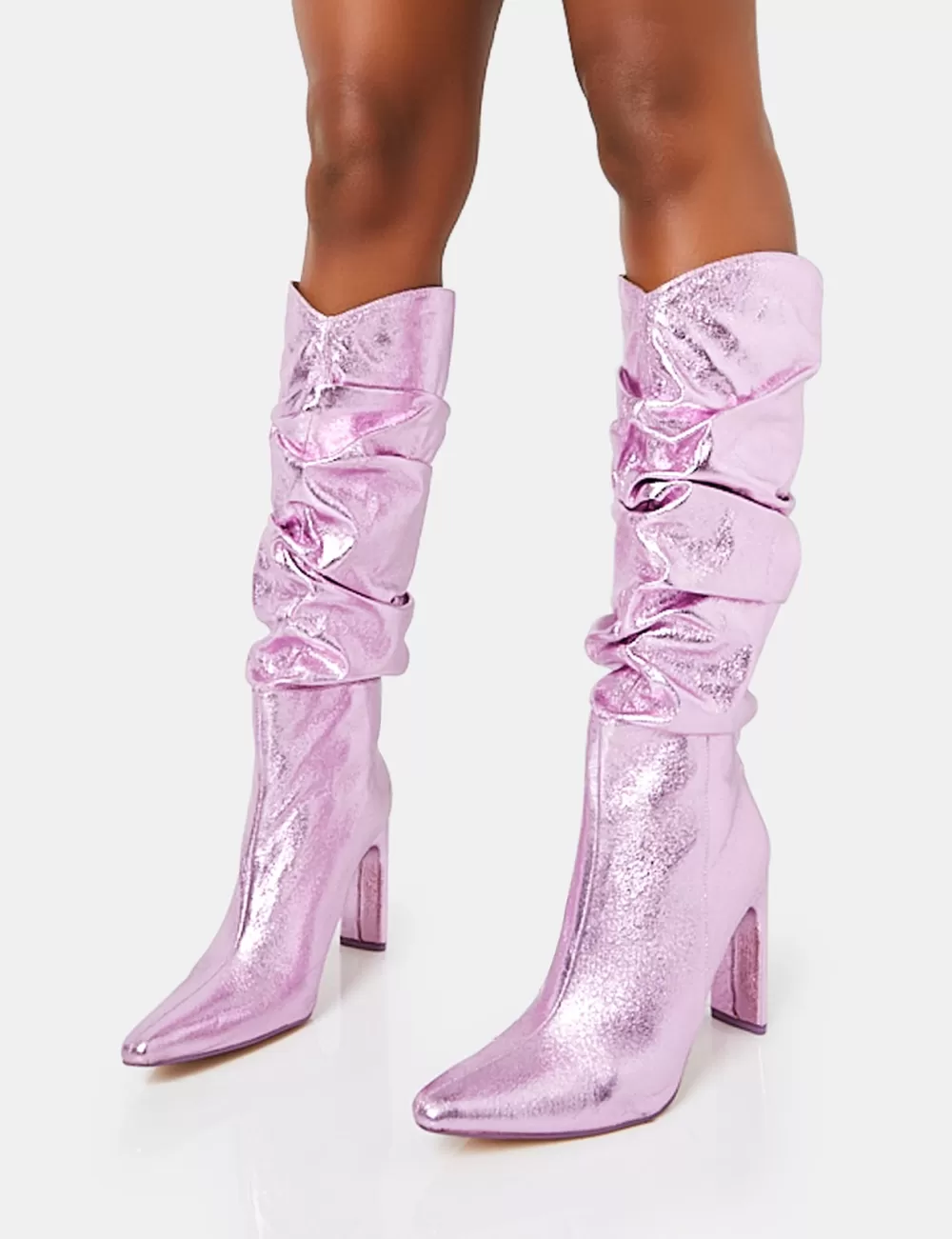 New Public Desire Manhattan Metallic Pointed Toe Knee High Narrow Block Heel Boots Pink