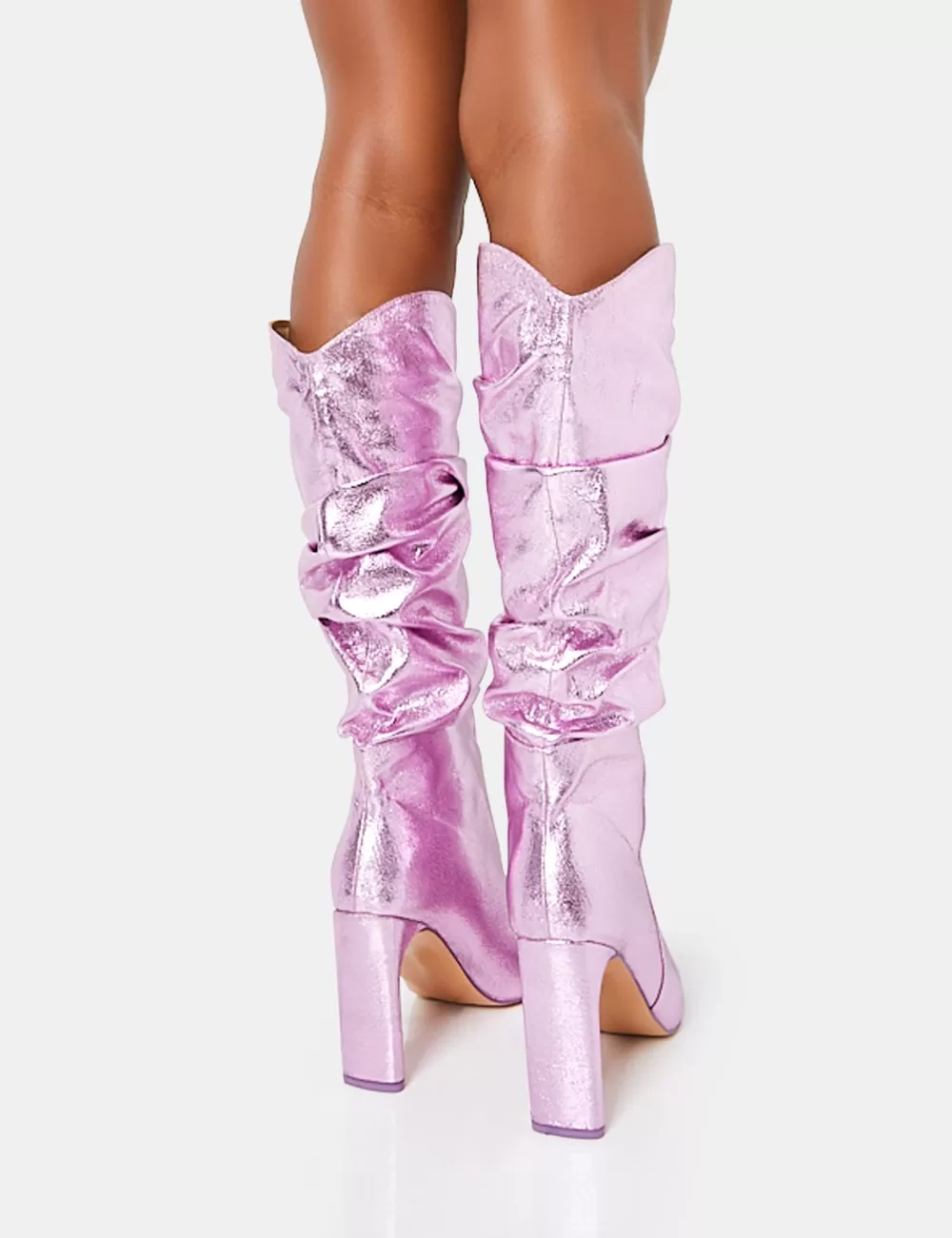 New Public Desire Manhattan Metallic Pointed Toe Knee High Narrow Block Heel Boots Pink