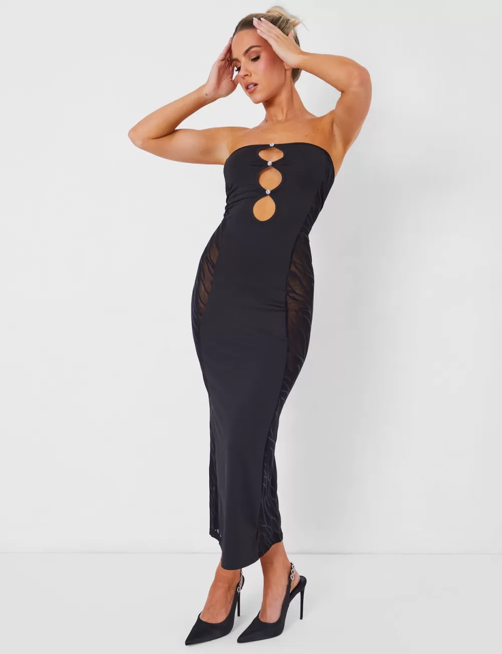 Store Public Desire Mesh Lace Bandeau Midaxi Dress Black