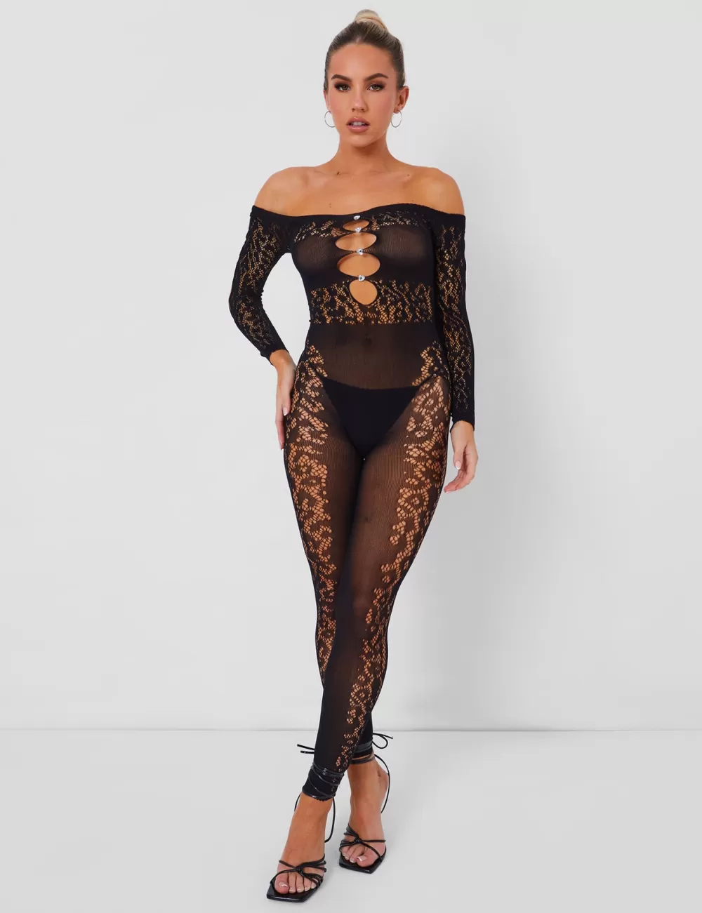 Fashion Public Desire Mesh Lace Panel Unitard Black